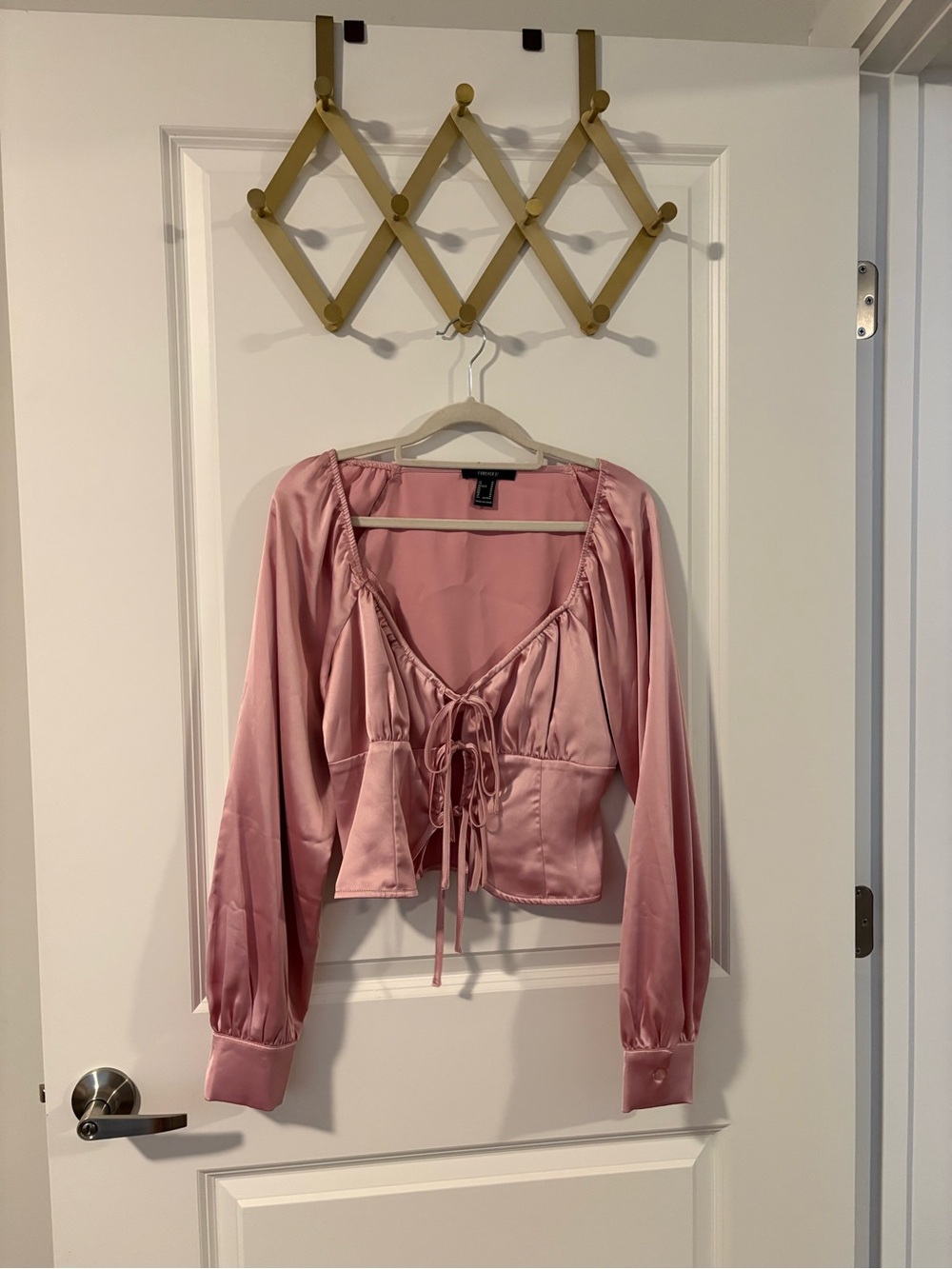 Forever 21 Blush Pink Satin Tie-Front Crop Blouse